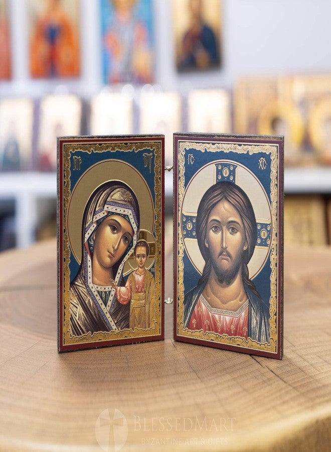 BlessedMart Orthodox Christian Pocket Diptych Icons - Folding Mini Byzantine Icons of Christ and Theotokos - 3.35" Tall Travel Icons (Theotokos of Kazan and Christ Pantocrator) - Image 2